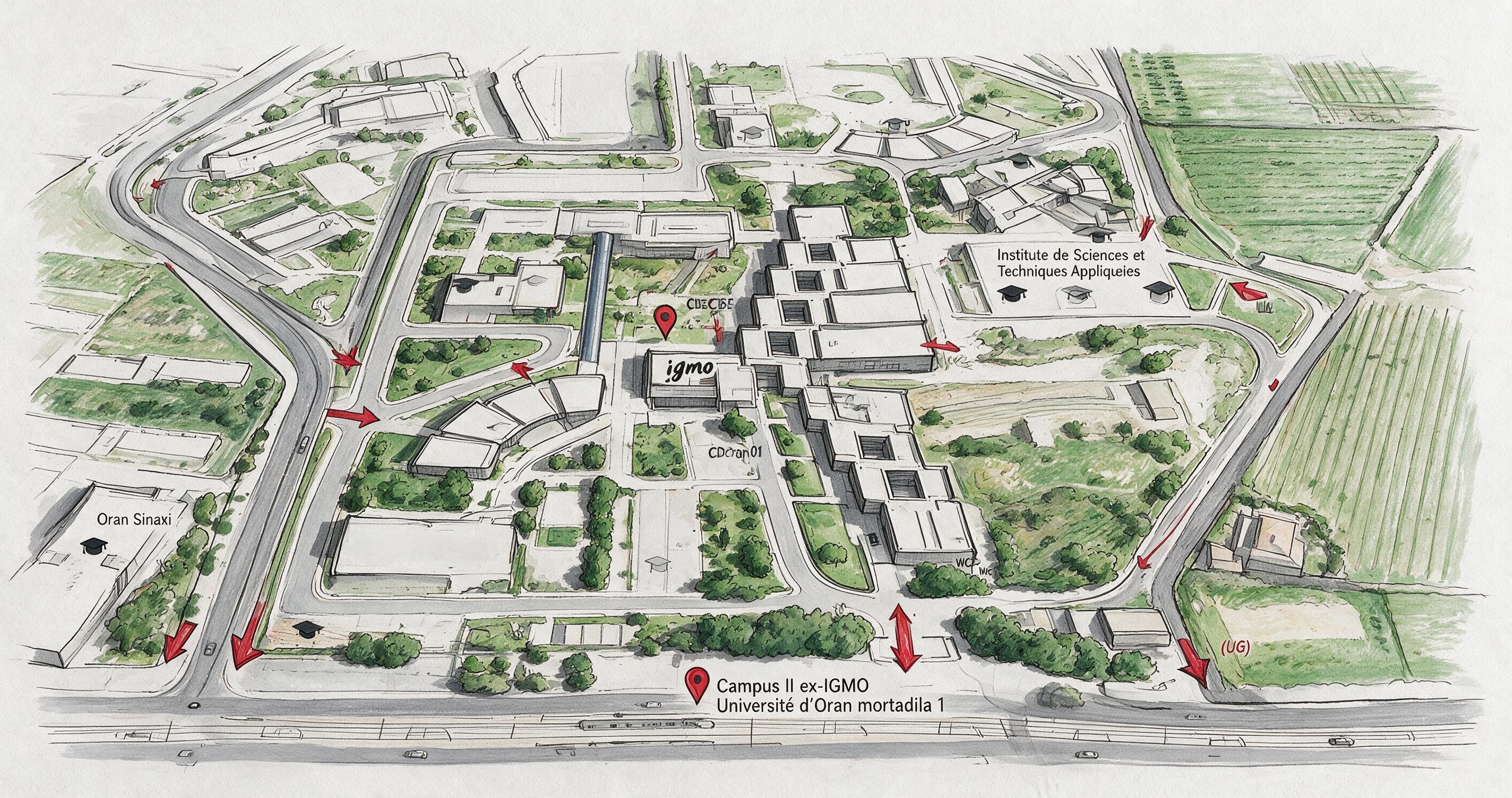 Plan d'accès au Campus II ex-IGMO, Université d'Oran 1 Ahmed Ben Bella